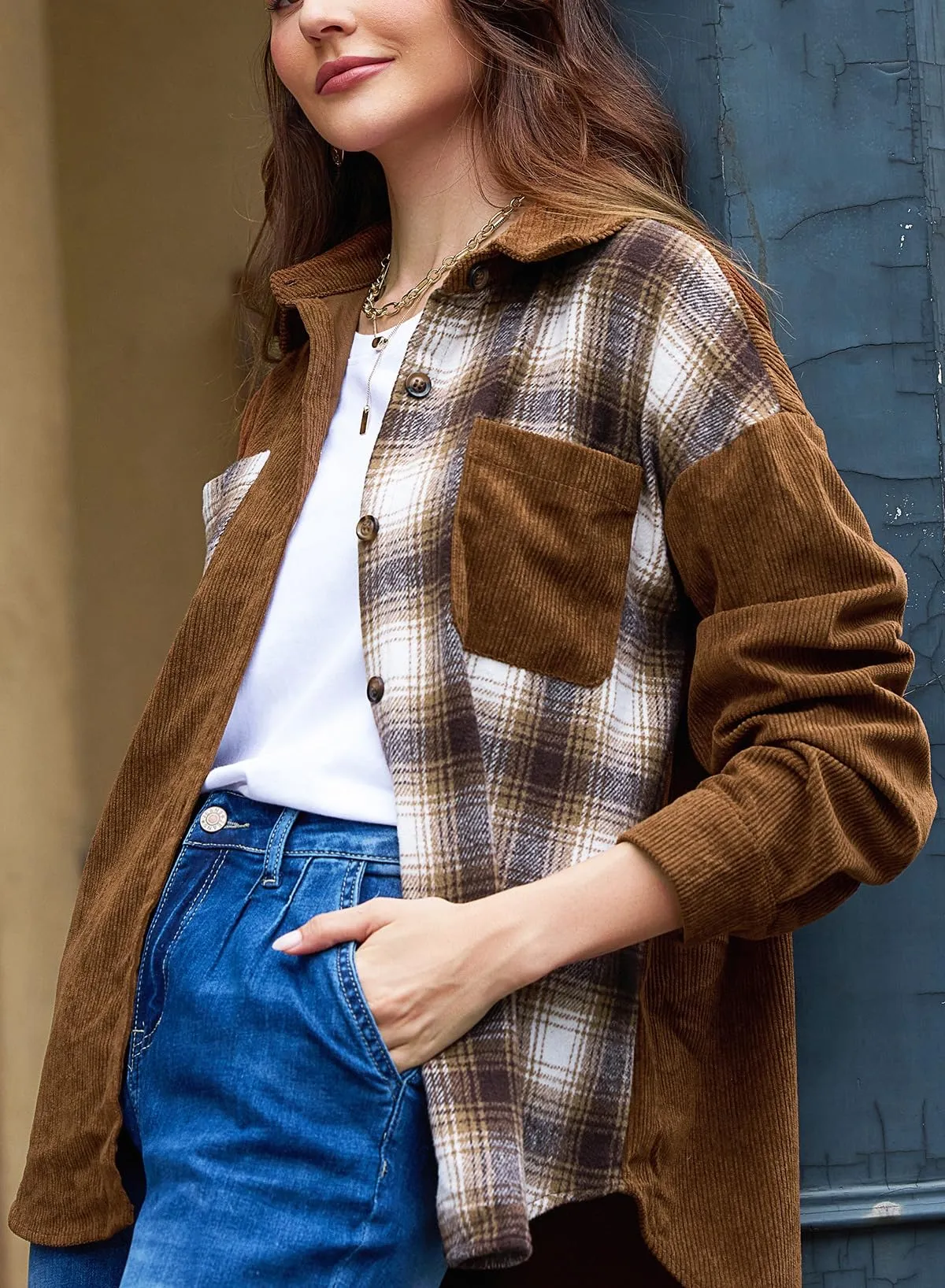 Astylish Women's Color Block Corduroy Shirts Long Sleeve Button Down Boyfriend Blouses Tops