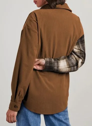 Astylish Women's Color Block Corduroy Shirts Long Sleeve Button Down Boyfriend Blouses Tops