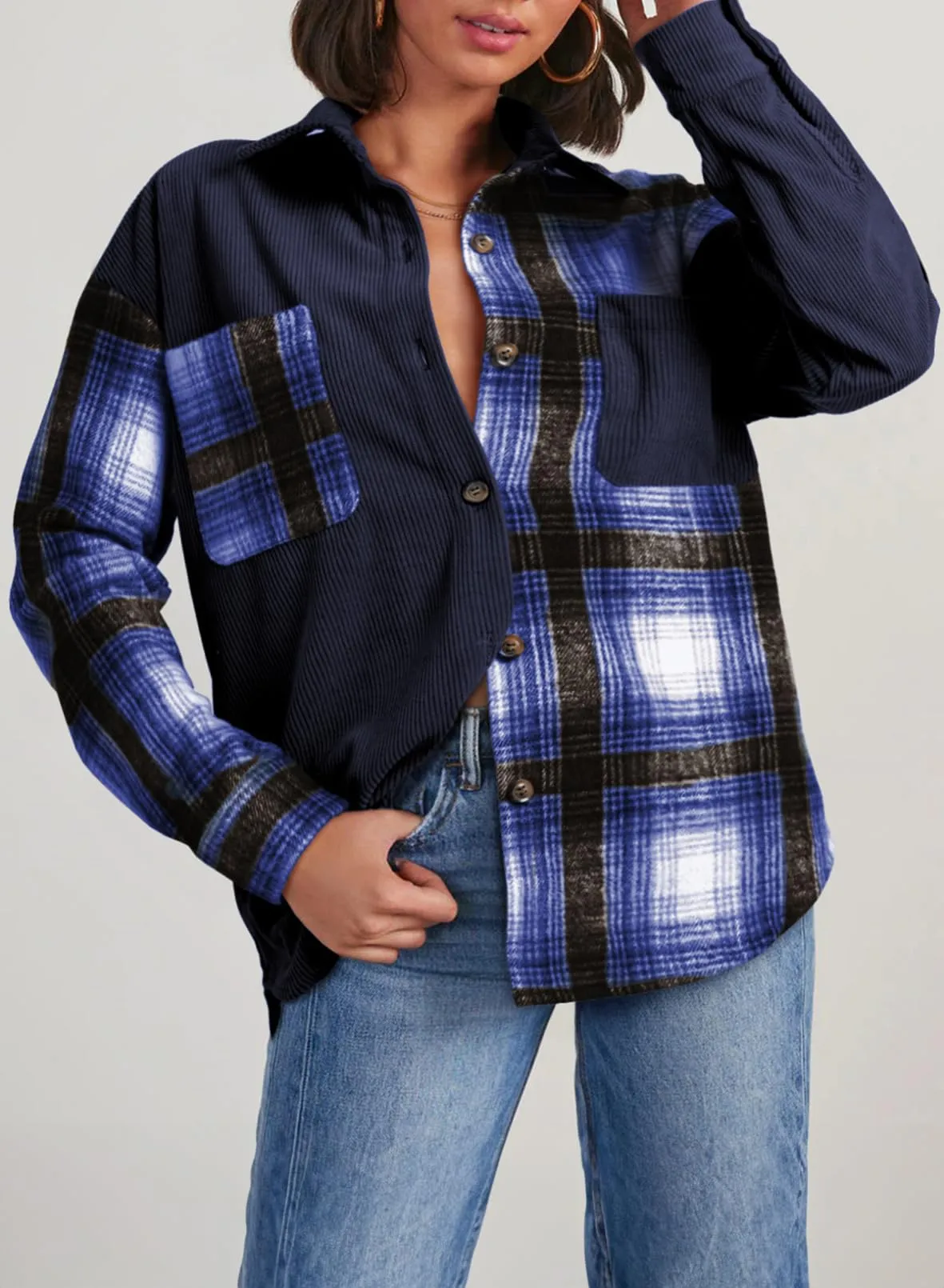 Astylish Women's Color Block Corduroy Shirts Long Sleeve Button Down Boyfriend Blouses Tops