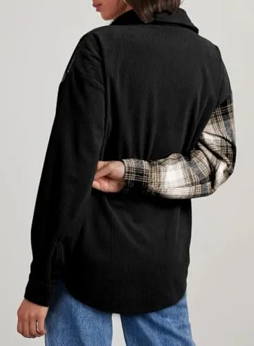 Astylish Women's Color Block Corduroy Shirts Long Sleeve Button Down Boyfriend Blouses Tops