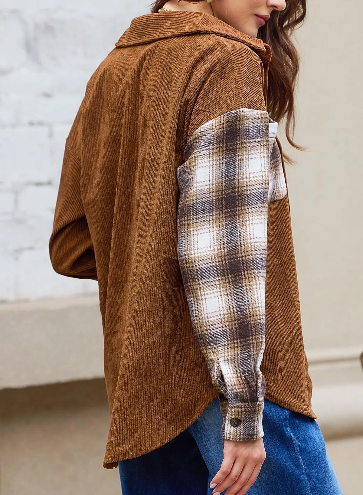Astylish Women's Color Block Corduroy Shirts Long Sleeve Button Down Boyfriend Blouses Tops