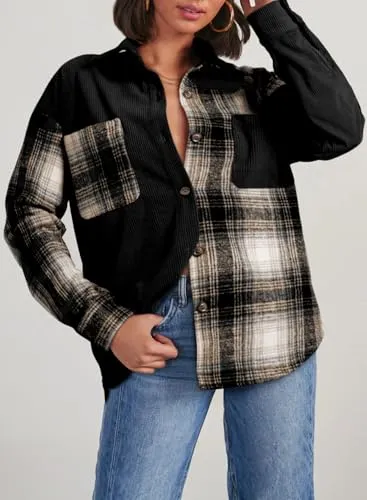 Astylish Women's Color Block Corduroy Shirts Long Sleeve Button Down Boyfriend Blouses Tops
