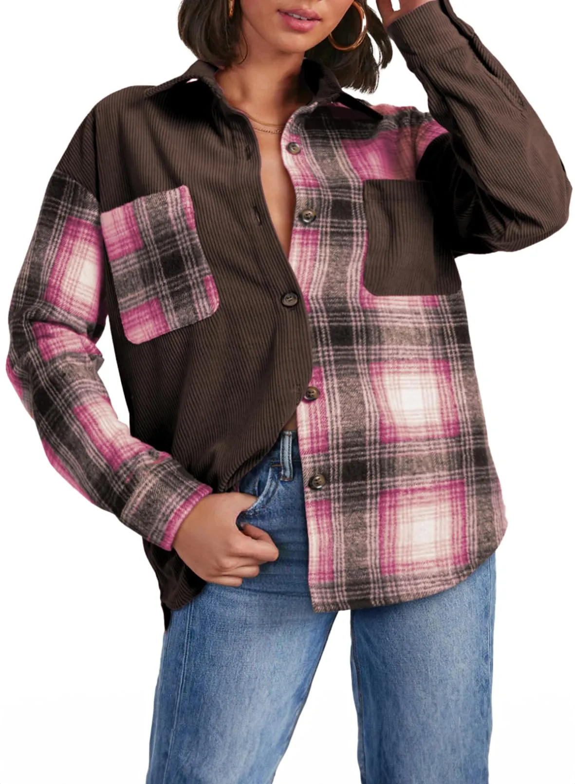 Astylish Women's Color Block Corduroy Shirts Long Sleeve Button Down Boyfriend Blouses Tops