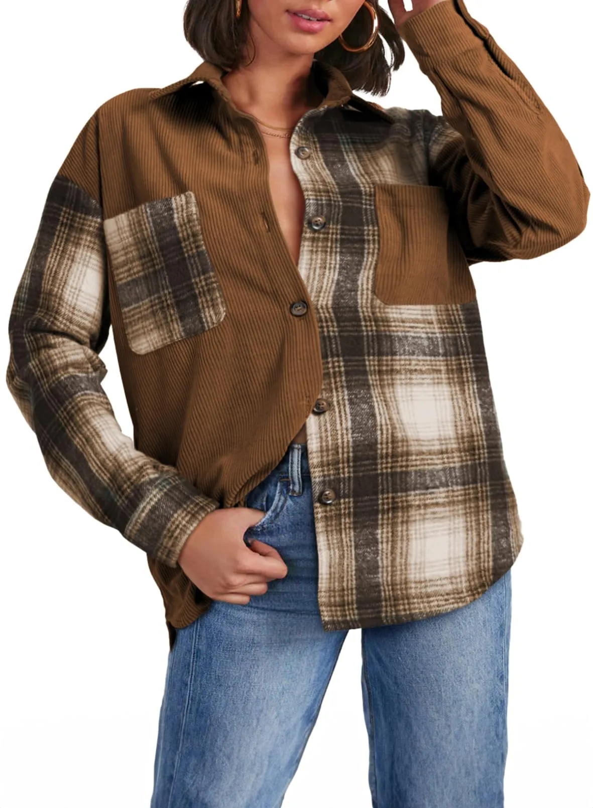 Astylish Women's Color Block Corduroy Shirts Long Sleeve Button Down Boyfriend Blouses Tops