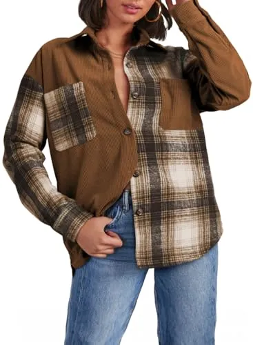 Astylish Women's Color Block Corduroy Shirts Long Sleeve Button Down Boyfriend Blouses Tops