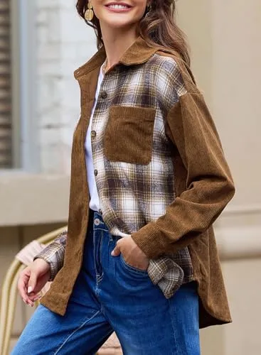 Astylish Women's Color Block Corduroy Shirts Long Sleeve Button Down Boyfriend Blouses Tops