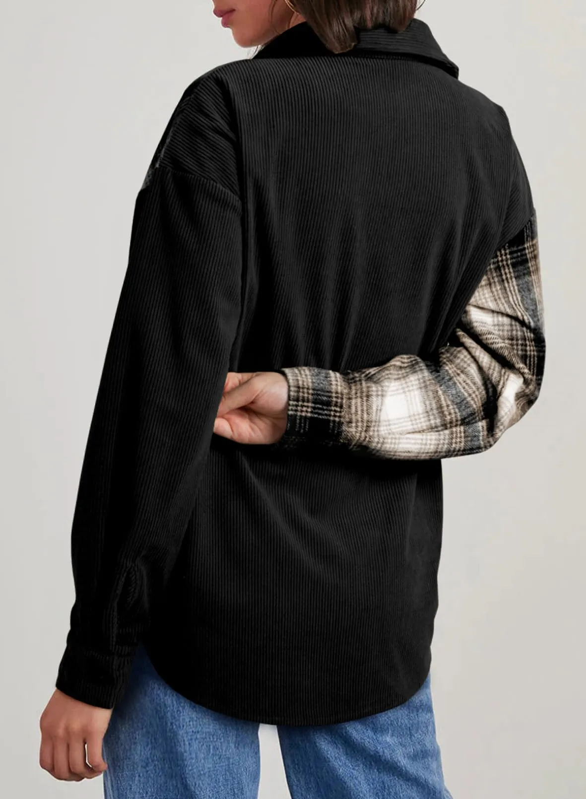 Astylish Women's Color Block Corduroy Shirts Long Sleeve Button Down Boyfriend Blouses Tops