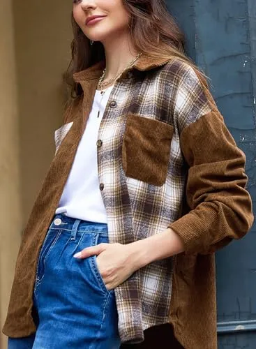 Astylish Women's Color Block Corduroy Shirts Long Sleeve Button Down Boyfriend Blouses Tops