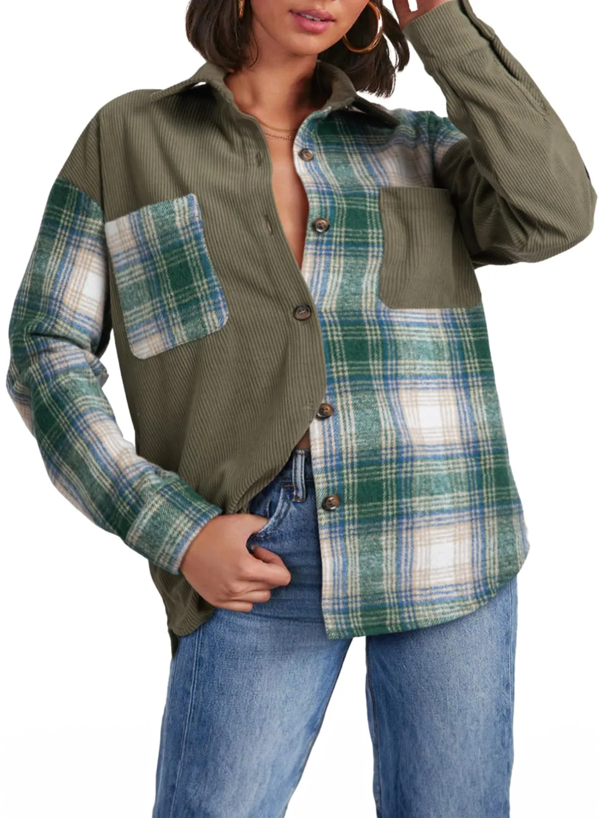 Astylish Women's Color Block Corduroy Shirts Long Sleeve Button Down Boyfriend Blouses Tops