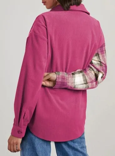Astylish Women's Color Block Corduroy Shirts Long Sleeve Button Down Boyfriend Blouses Tops