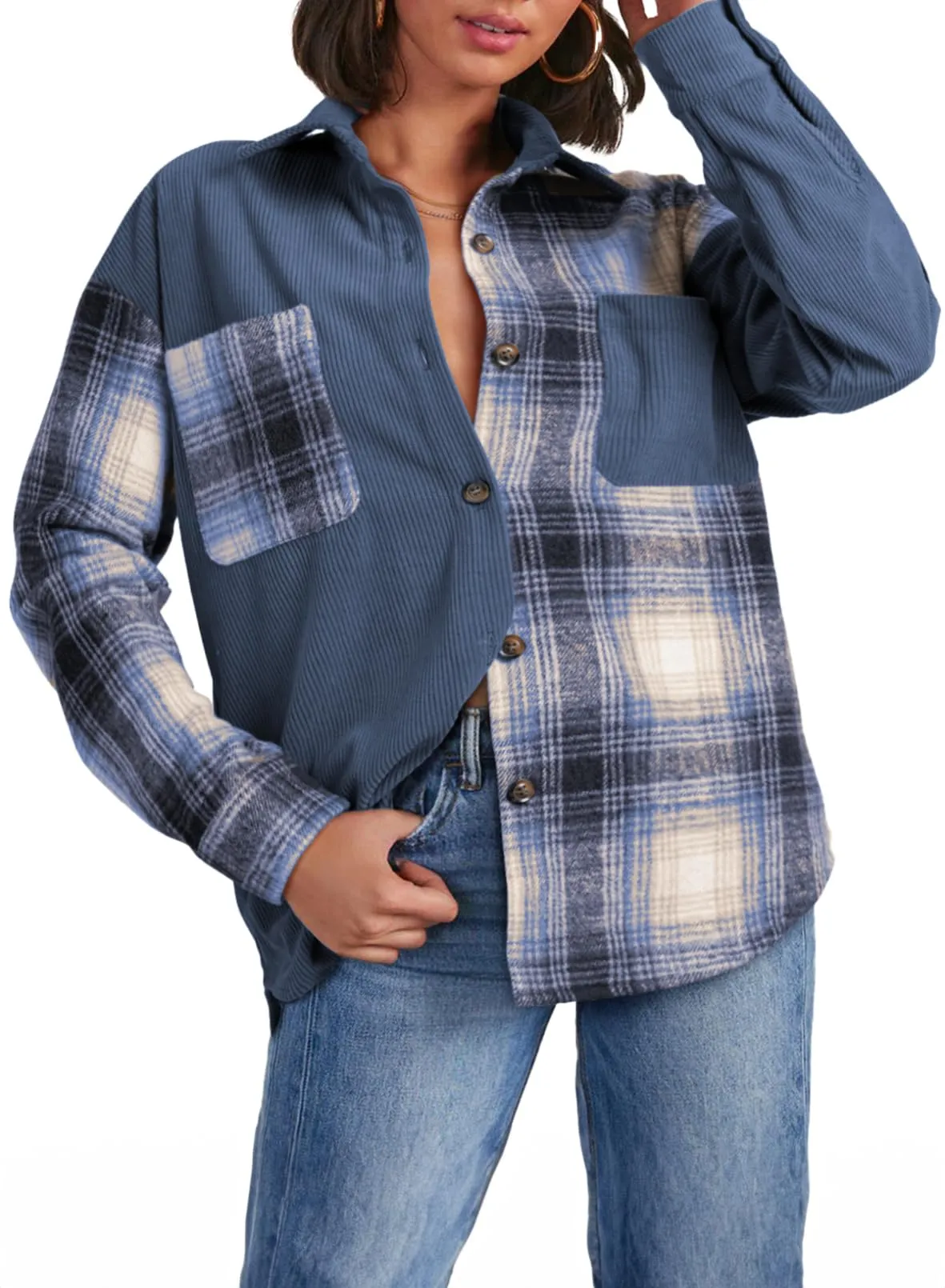 Astylish Women's Color Block Corduroy Shirts Long Sleeve Button Down Boyfriend Blouses Tops