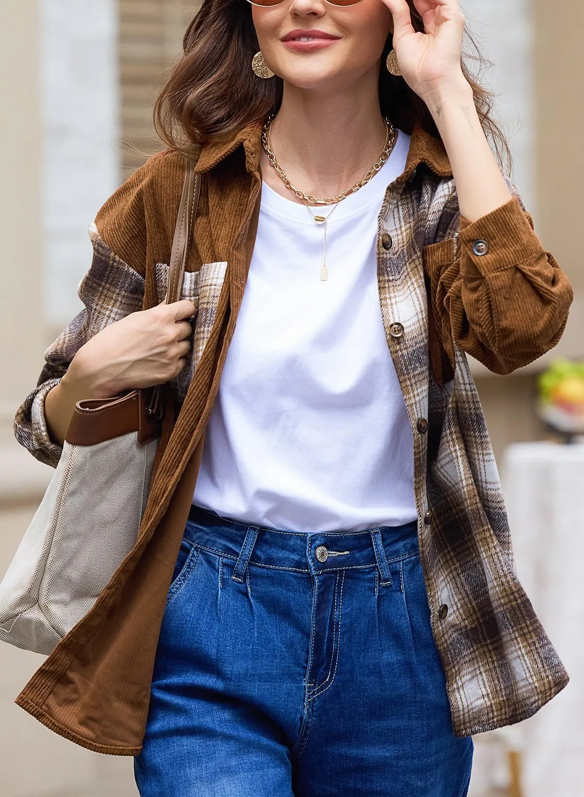 Astylish Women's Color Block Corduroy Shirts Long Sleeve Button Down Boyfriend Blouses Tops