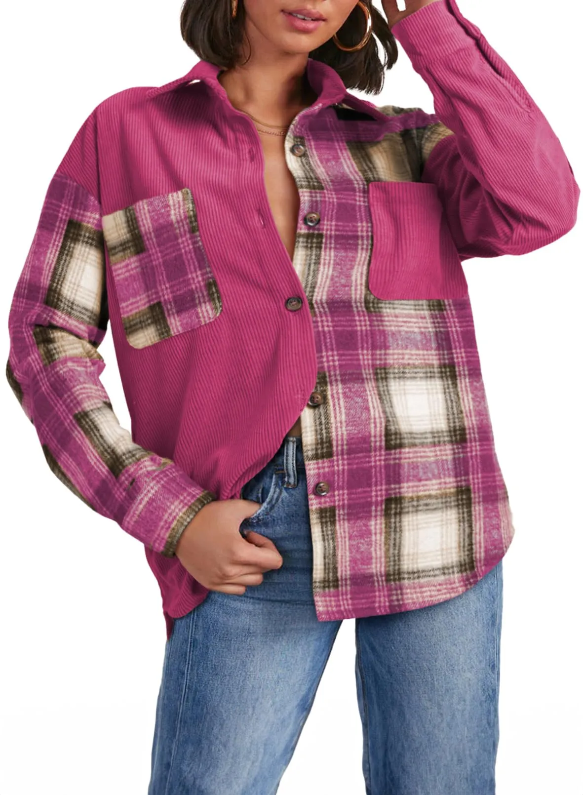 Astylish Women's Color Block Corduroy Shirts Long Sleeve Button Down Boyfriend Blouses Tops