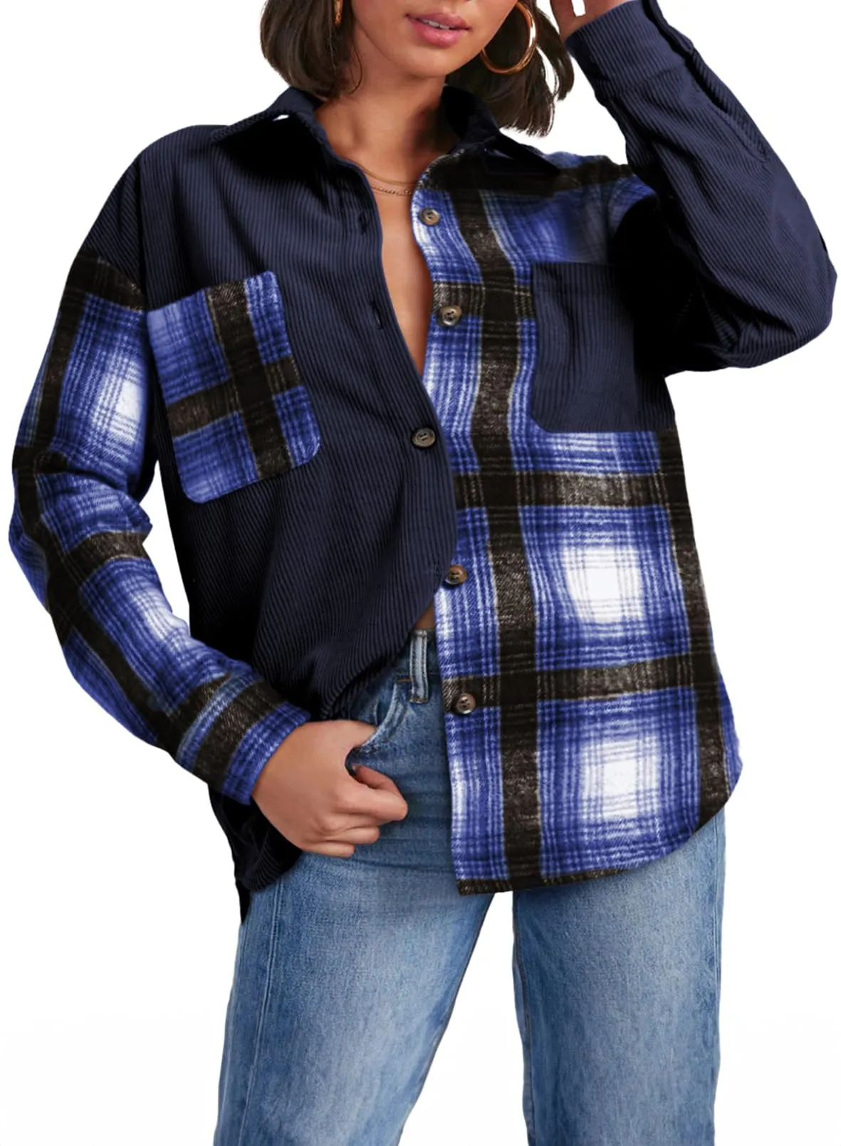 Astylish Women's Color Block Corduroy Shirts Long Sleeve Button Down Boyfriend Blouses Tops