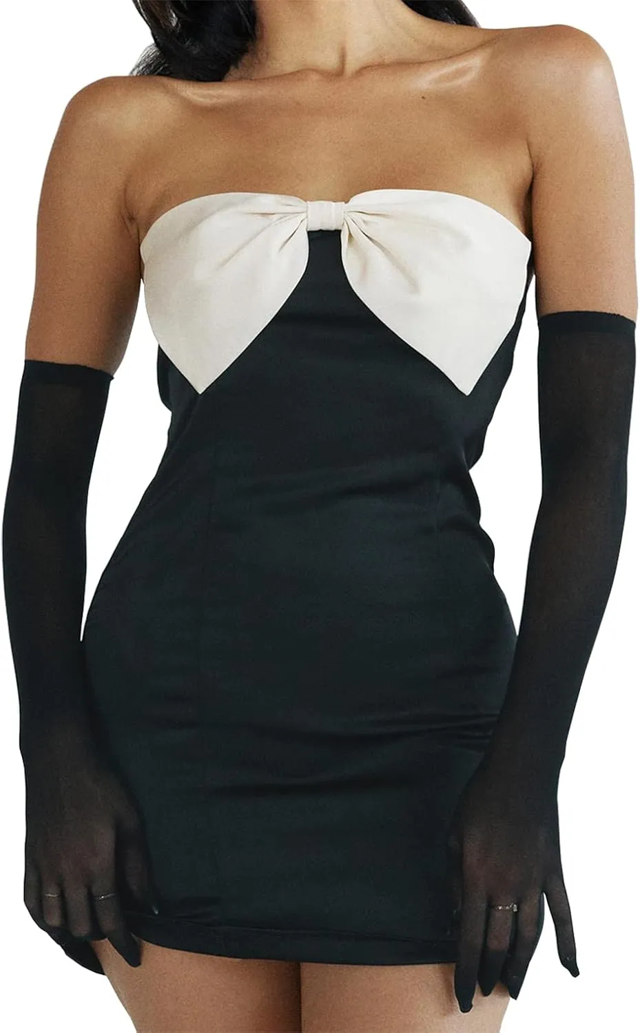 Cantonwalker Womens Satin Strapless Side Slit Stretch Bodycon Party Mini Dresses
