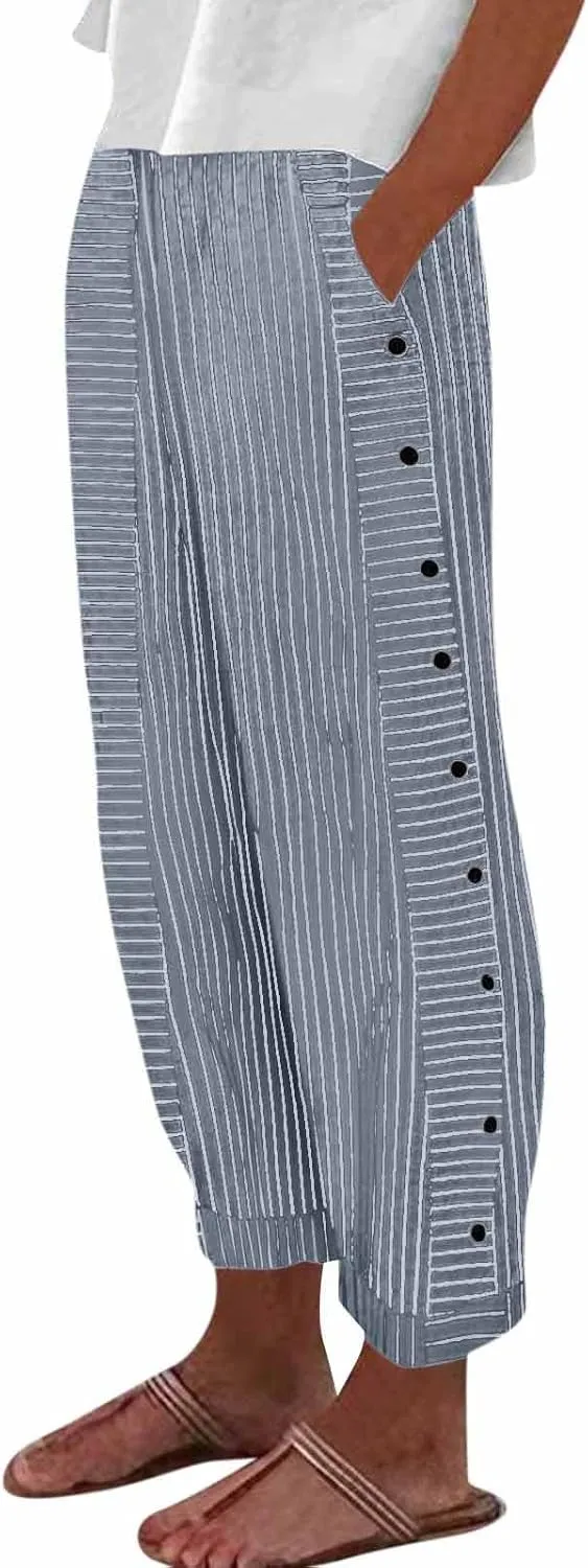 Cotton Linen Pants for Women Summer Wide Leg Elastic Straight Leg Lounge Pant Drawstring Lightweight Beach Trousers