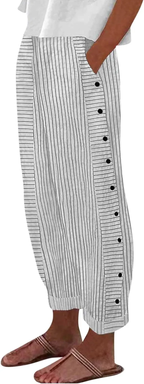 Cotton Linen Pants for Women Summer Wide Leg Elastic Straight Leg Lounge Pant Drawstring Lightweight Beach Trousers
