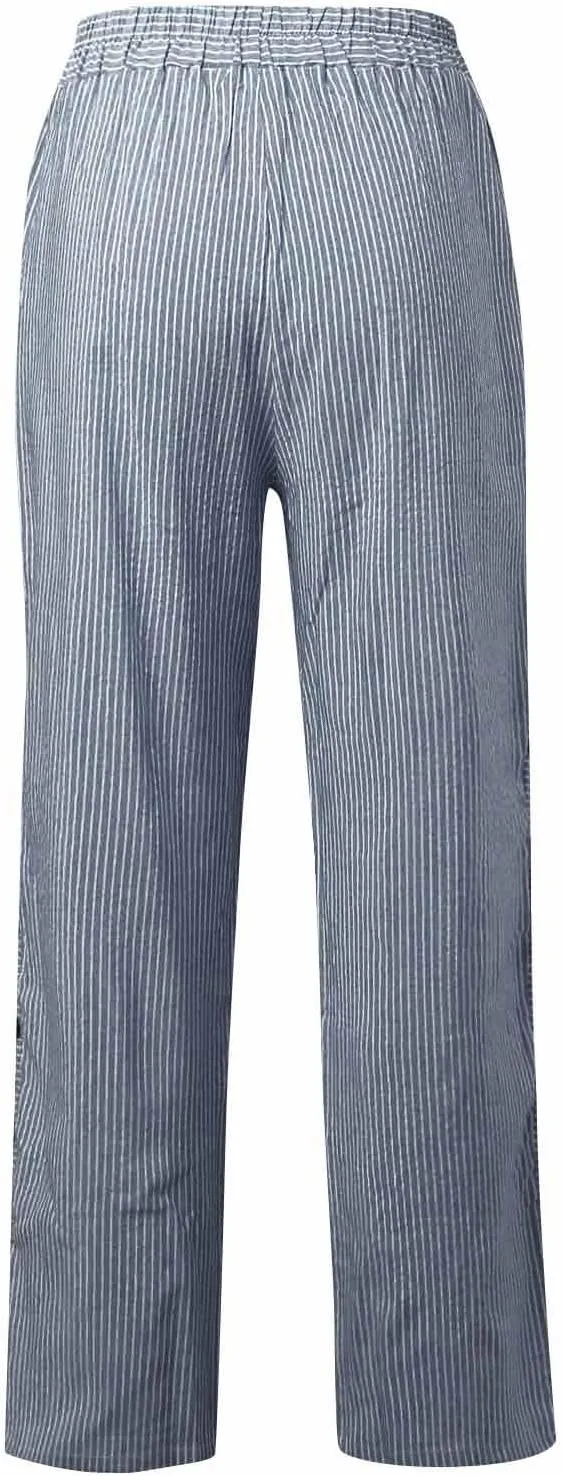 Cotton Linen Pants for Women Summer Wide Leg Elastic Straight Leg Lounge Pant Drawstring Lightweight Beach Trousers