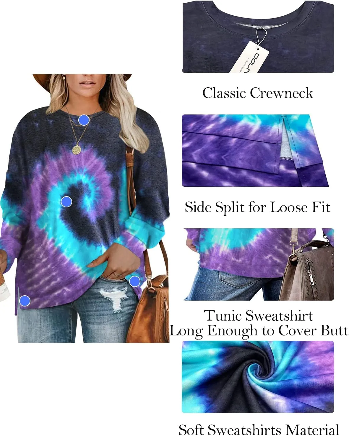 DOLNINE Plus-Size Sweatshirts for Women Casual Tops Side Slit Pullovers Shirts