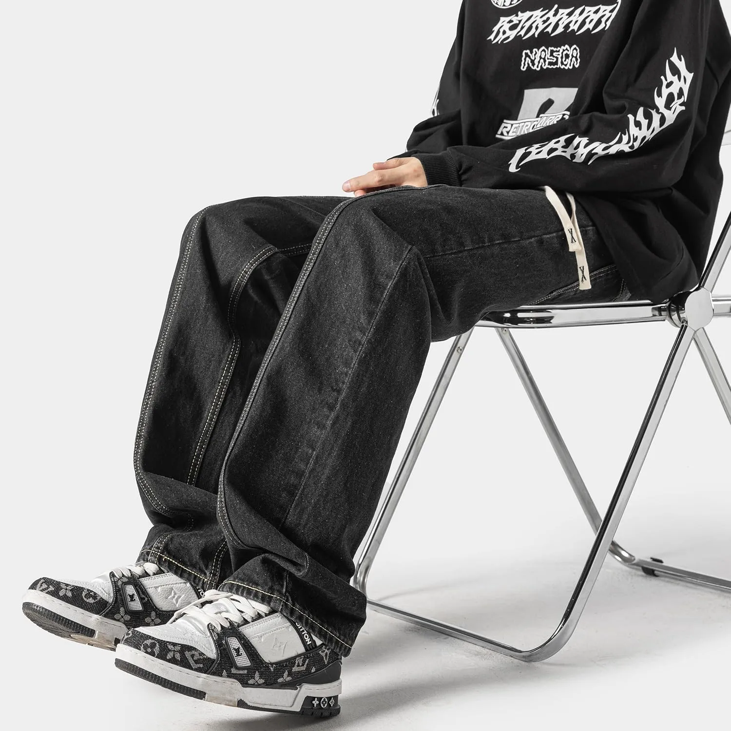 DOSLAVIDA Men's Regular Fit Straight Leg Jeans Casual Drawstring Elastic Waist Denim Pants Lightweight Carpenter Jean