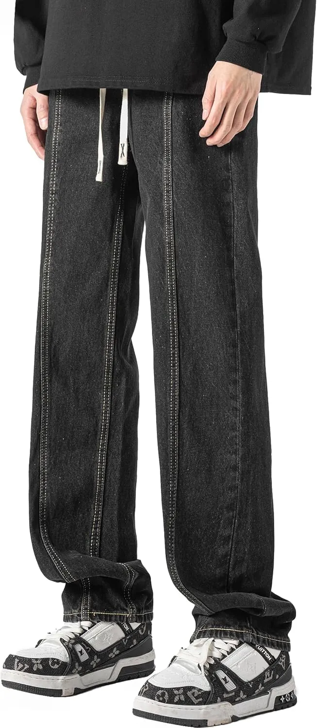 DOSLAVIDA Men's Regular Fit Straight Leg Jeans Casual Drawstring Elastic Waist Denim Pants Lightweight Carpenter Jean