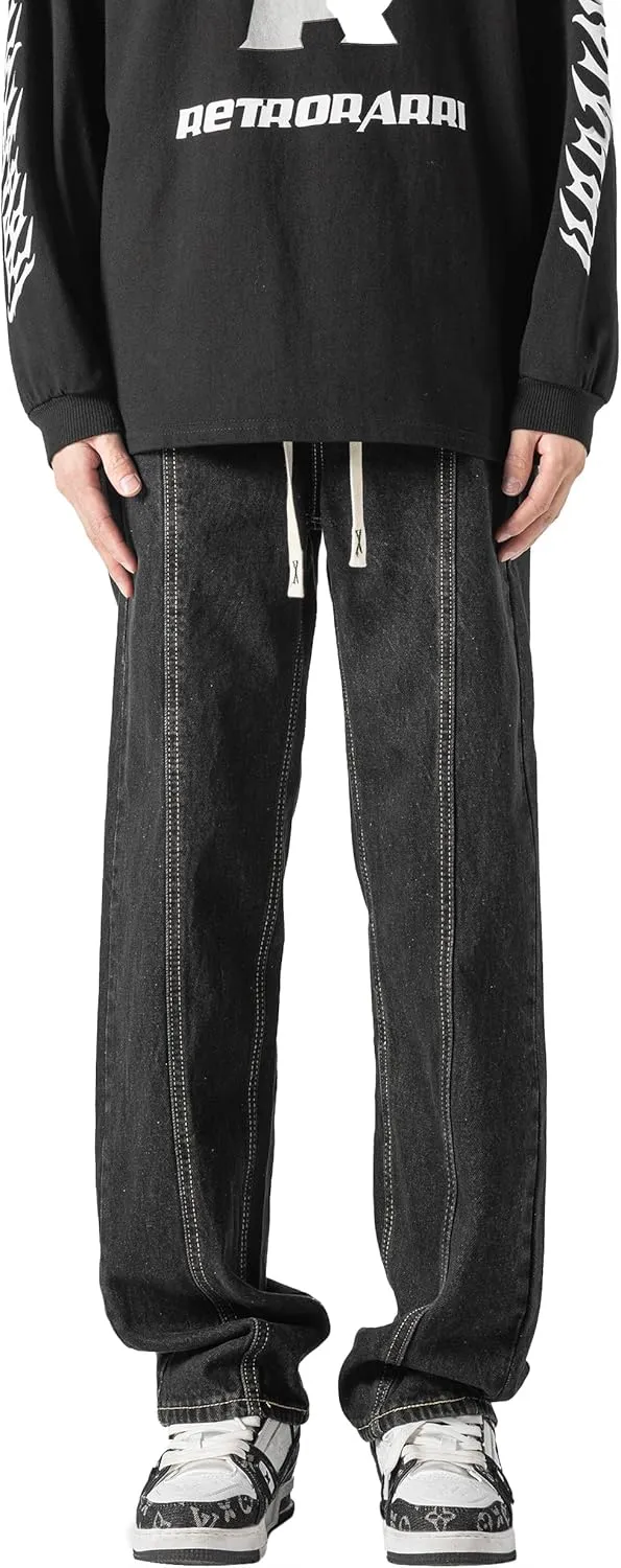 DOSLAVIDA Men's Regular Fit Straight Leg Jeans Casual Drawstring Elastic Waist Denim Pants Lightweight Carpenter Jean