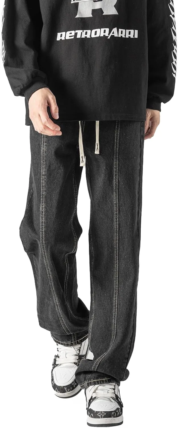 DOSLAVIDA Men's Regular Fit Straight Leg Jeans Casual Drawstring Elastic Waist Denim Pants Lightweight Carpenter Jean