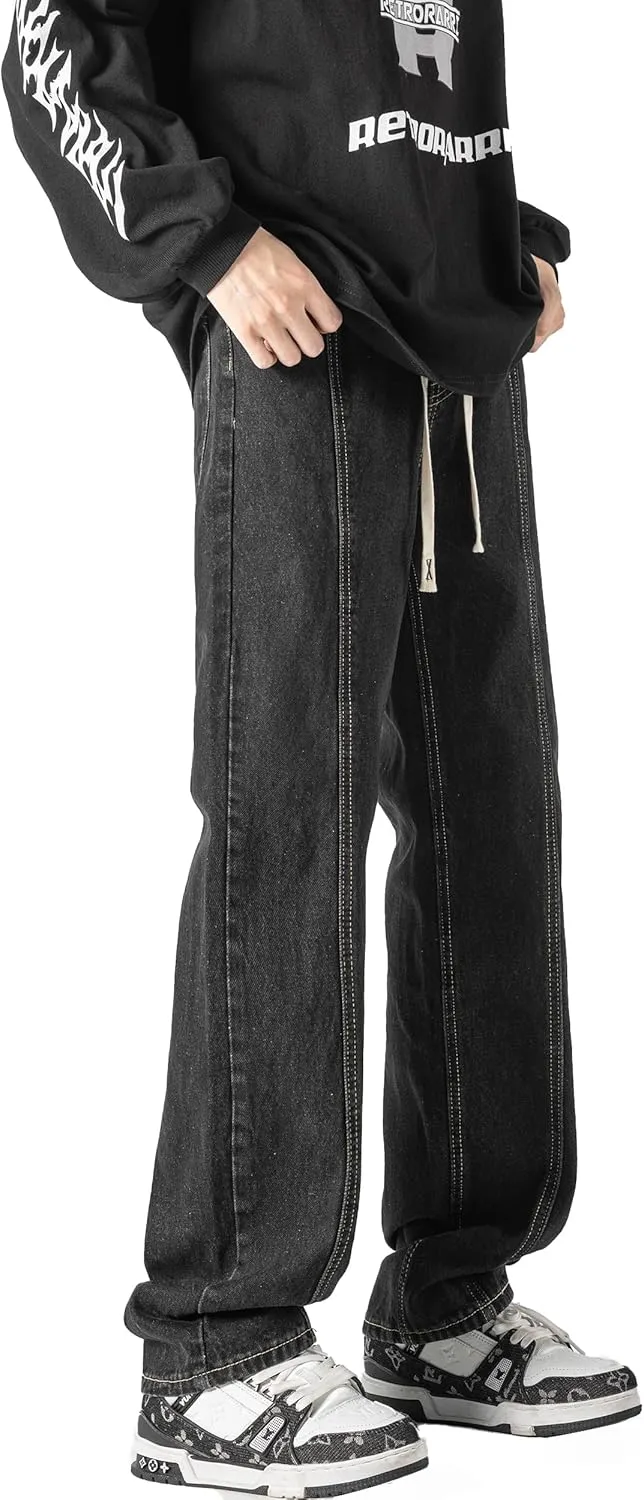 DOSLAVIDA Men's Regular Fit Straight Leg Jeans Casual Drawstring Elastic Waist Denim Pants Lightweight Carpenter Jean