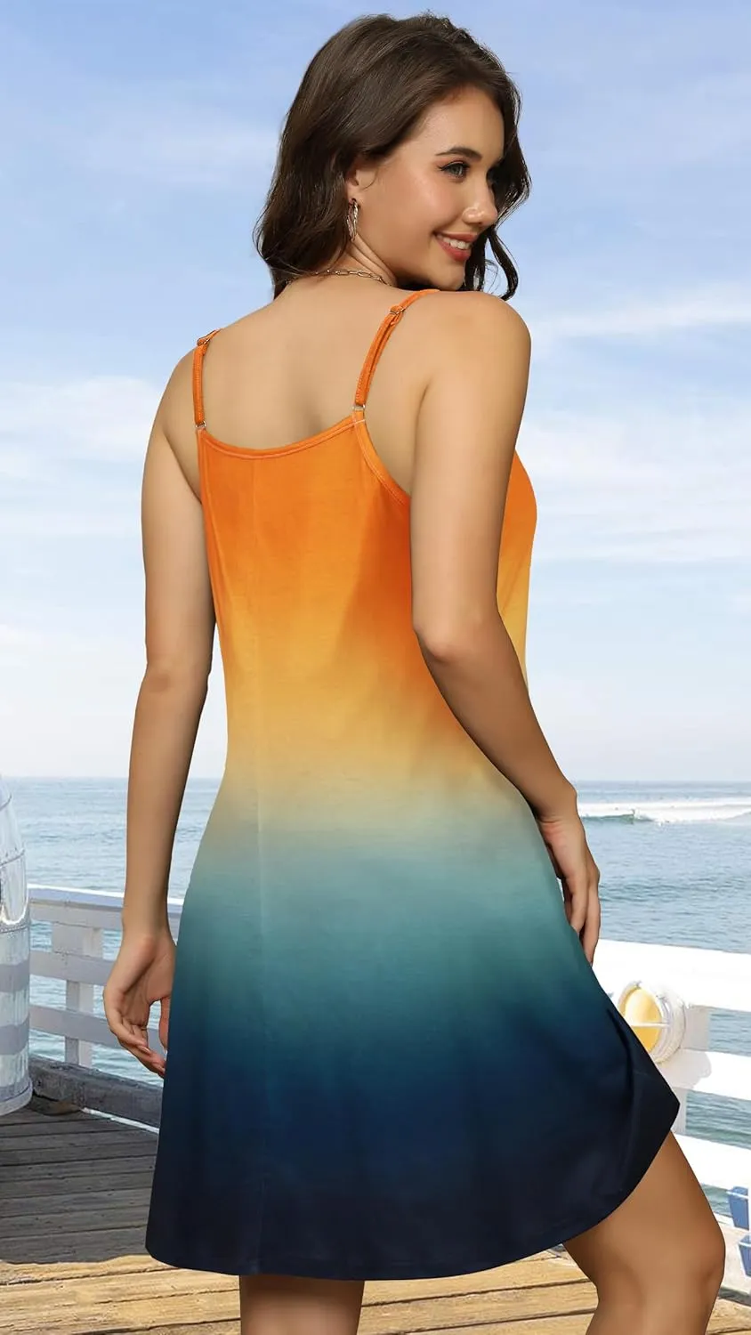 elescat Womens Summer Dresses Spaghetti Strap V Neck Casual Sleeveless Sundress Beach Cover Ups with Pockets