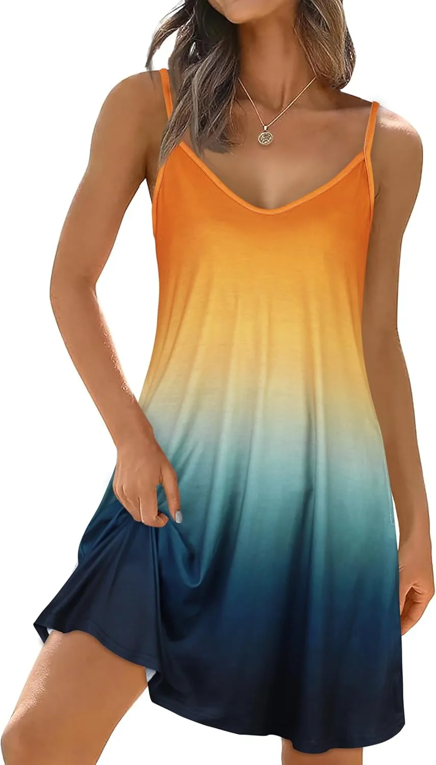 elescat Womens Summer Dresses Spaghetti Strap V Neck Casual Sleeveless Sundress Beach Cover Ups with Pockets