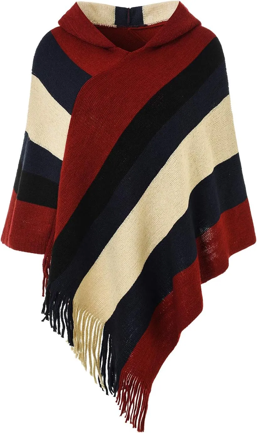 Ferand Women's Striped Poncho Sweater Cozy Knit Fringe Shawl Wraps for Fall Winter