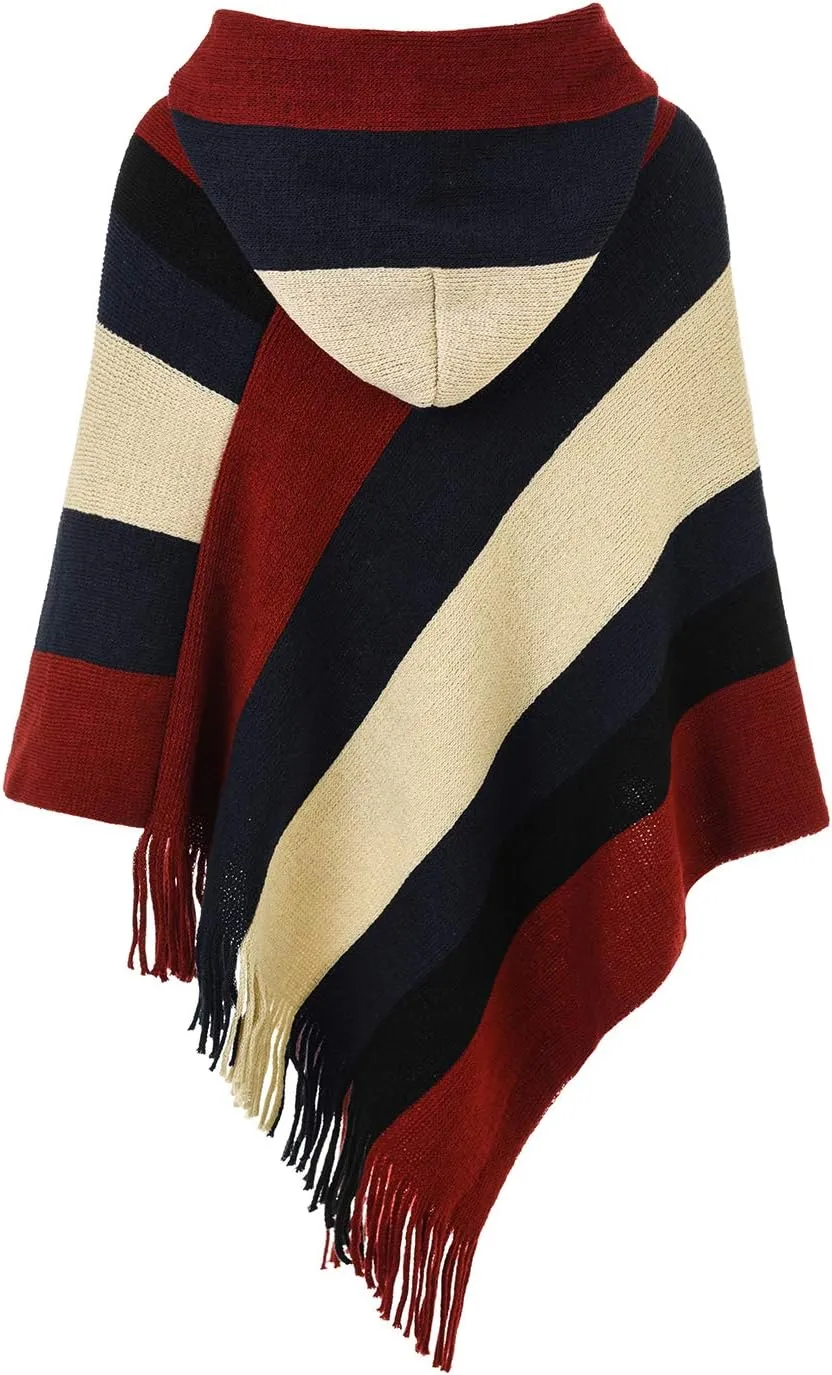 Ferand Women's Striped Poncho Sweater Cozy Knit Fringe Shawl Wraps for Fall Winter