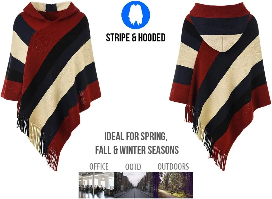 Ferand Women's Striped Poncho Sweater Cozy Knit Fringe Shawl Wraps for Fall Winter