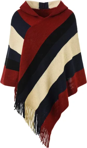 Ferand Women's Striped Poncho Sweater Cozy Knit Fringe Shawl Wraps for Fall Winter