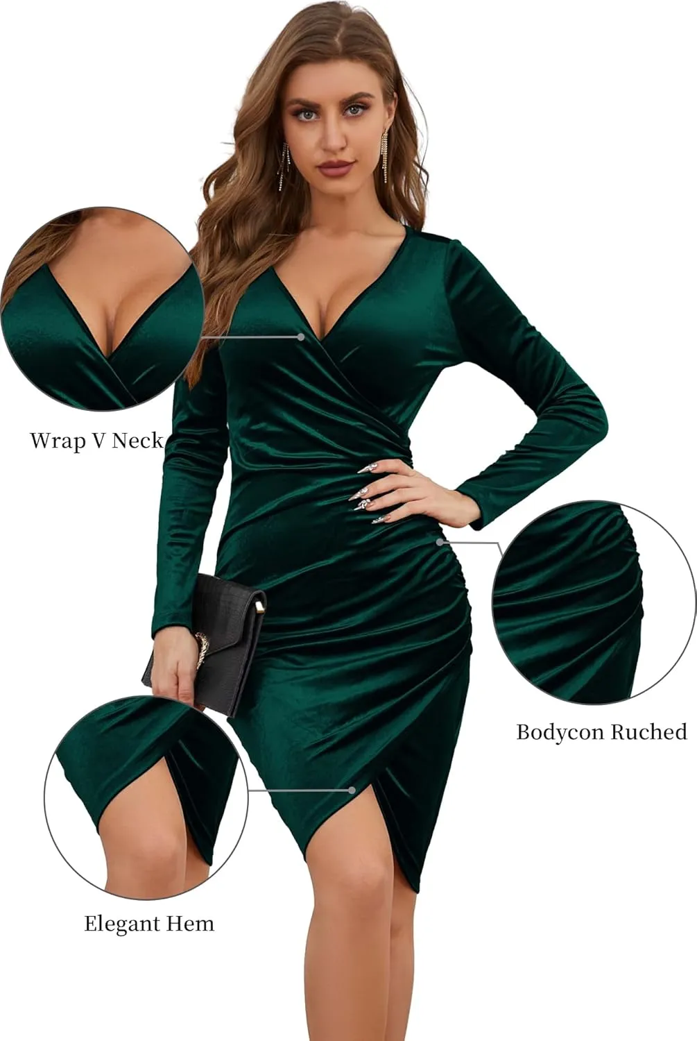 GUBERRY Womens Wrap V Neck Long Sleeve Velvet Bodycon Ruched Cocktail Party Wedding Guest Dress