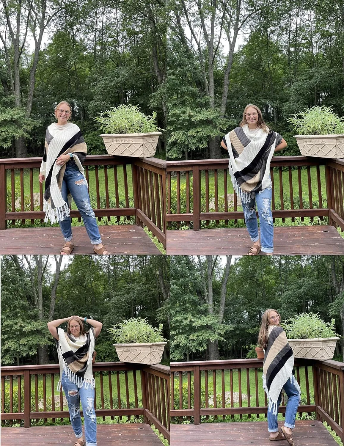 IN'VOLAND Women's Shawl Wraps Knitted Shawl with Fringed Capelet V-Neck Striped Poncho Sweater Pullover Cape for Women