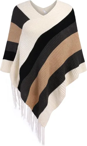 IN'VOLAND Women's Shawl Wraps Knitted Shawl with Fringed Capelet V-Neck Striped Poncho Sweater Pullover Cape for Women