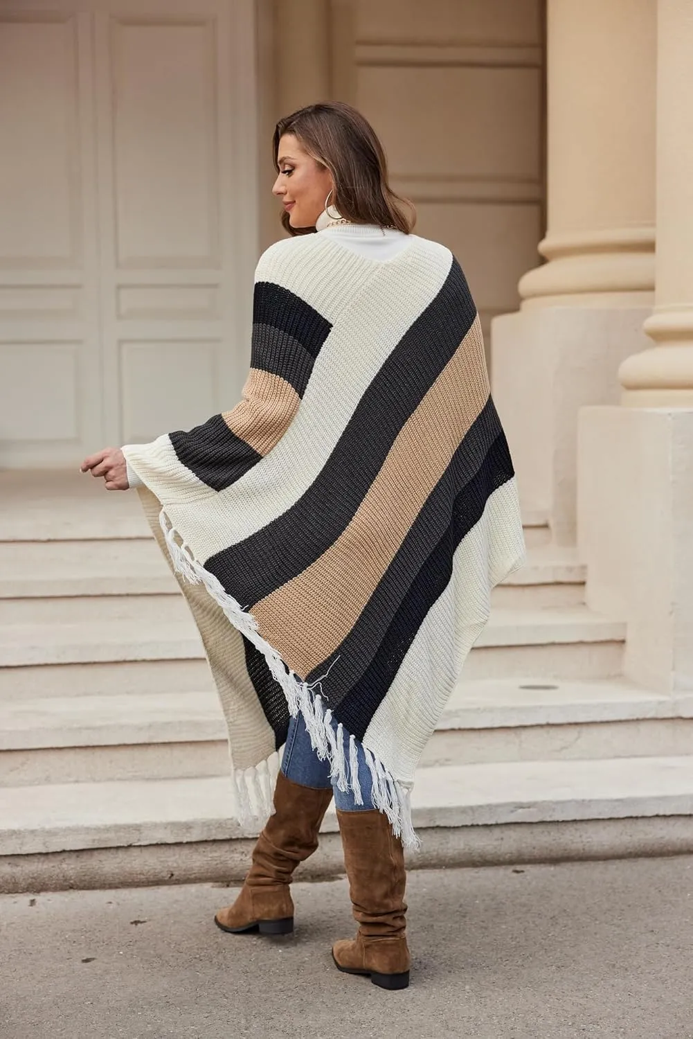 IN'VOLAND Women's Shawl Wraps Knitted Shawl with Fringed Capelet V-Neck Striped Poncho Sweater Pullover Cape for Women