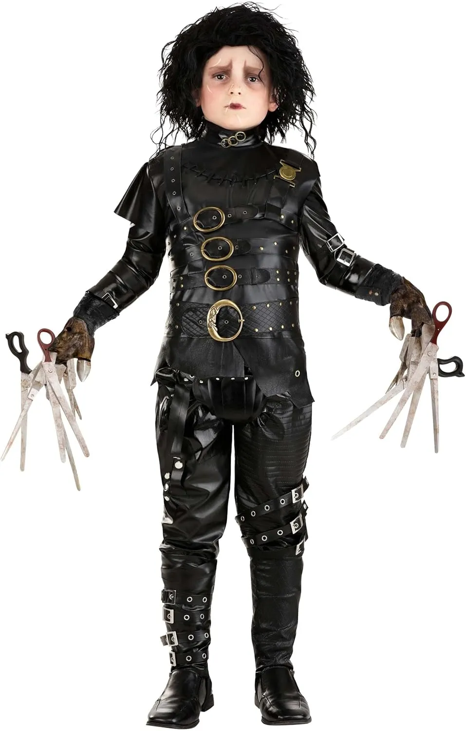 Kids Edward Scissorhands Costume | Boys Movie Character Complete Halloween Outfit: Shirt, Pants, Scissor Gloves, Wig