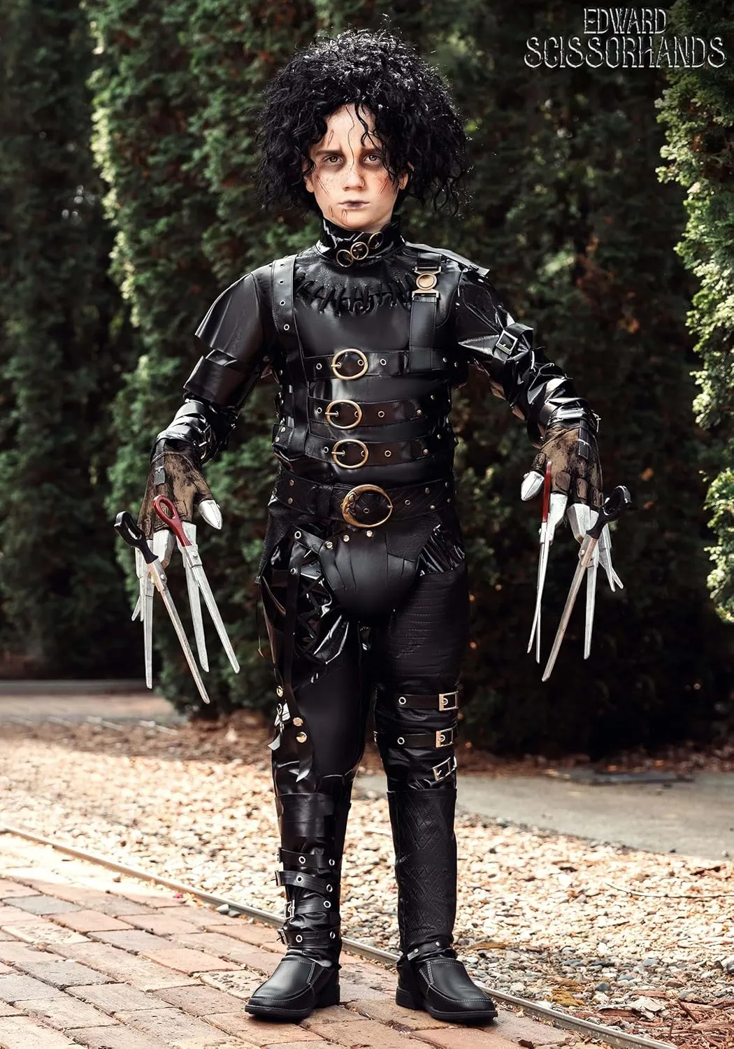 Kids Edward Scissorhands Costume | Boys Movie Character Complete Halloween Outfit: Shirt, Pants, Scissor Gloves, Wig