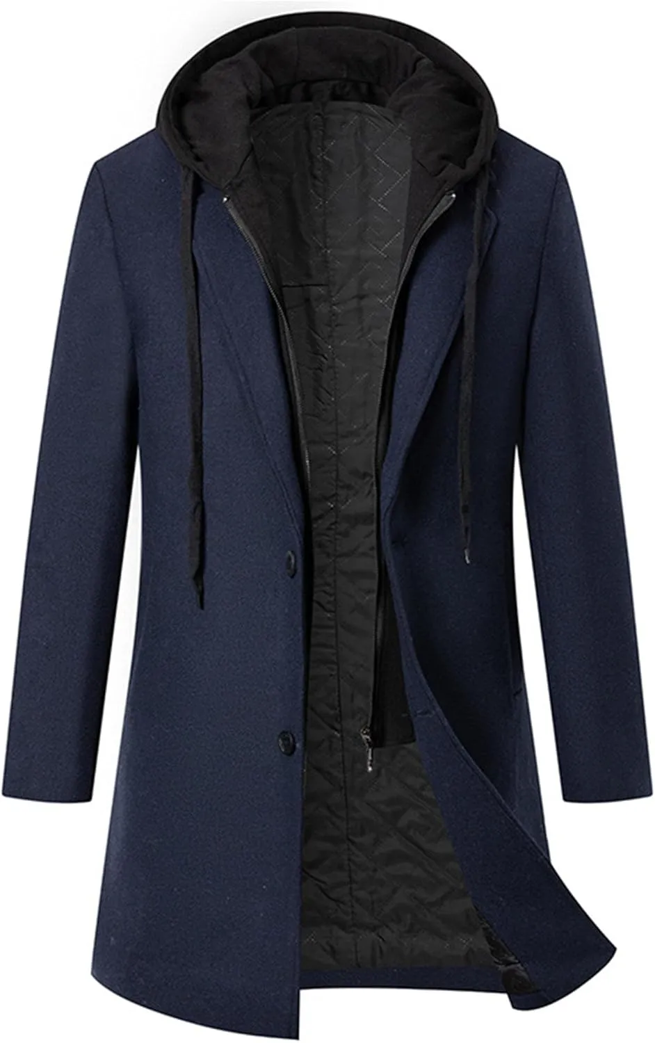 Maiyifu-GJ Men's Removable Hooded Wool Blend Overcoat Winter Single Breasted Trench Coats Casual Warm Classic Pea Jacket