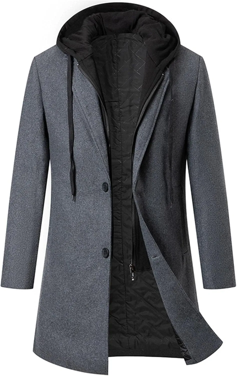 Maiyifu-GJ Men's Removable Hooded Wool Blend Overcoat Winter Single Breasted Trench Coats Casual Warm Classic Pea Jacket