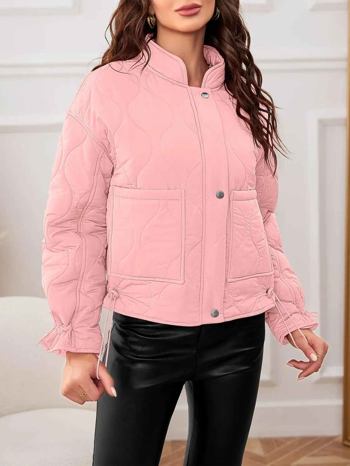 MEROKEETY Women's Cropped Zip-Up Bomber Jackets Warm Quilted Long Sleeve Stand Neck Winter Coats