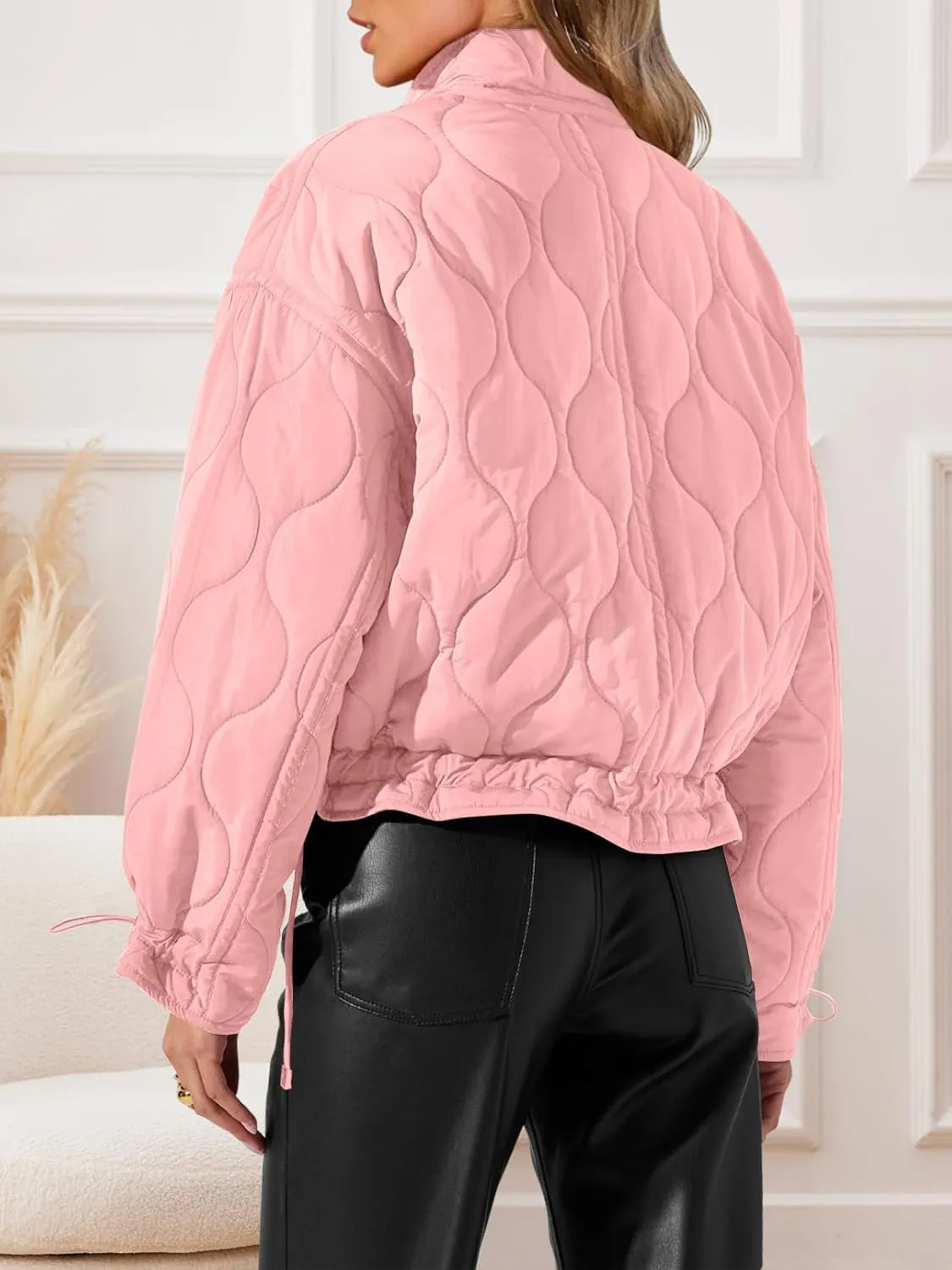 MEROKEETY Women's Cropped Zip-Up Bomber Jackets Warm Quilted Long Sleeve Stand Neck Winter Coats