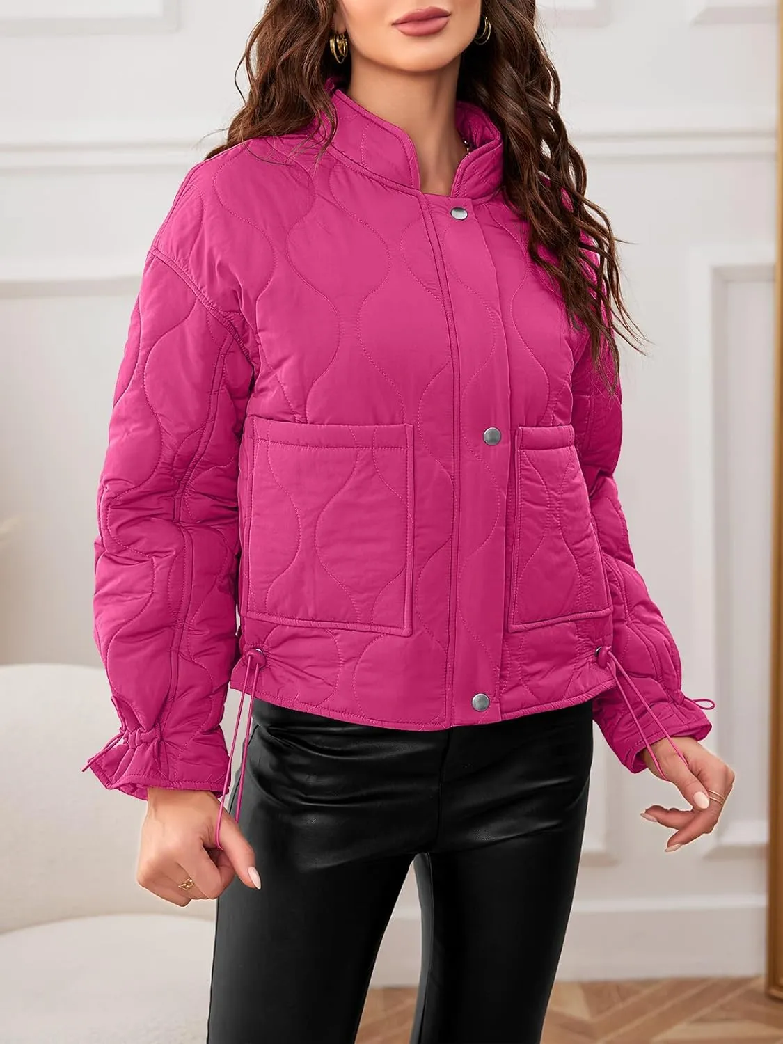 MEROKEETY Women's Cropped Zip-Up Bomber Jackets Warm Quilted Long Sleeve Stand Neck Winter Coats