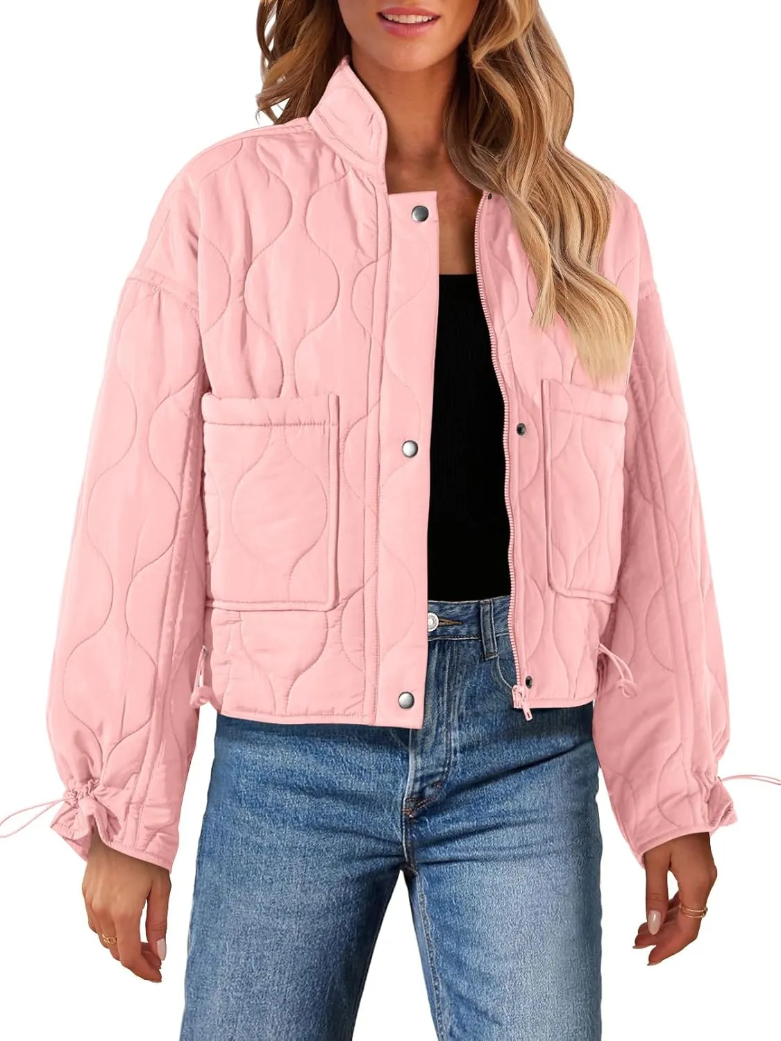 MEROKEETY Women's Cropped Zip-Up Bomber Jackets Warm Quilted Long Sleeve Stand Neck Winter Coats