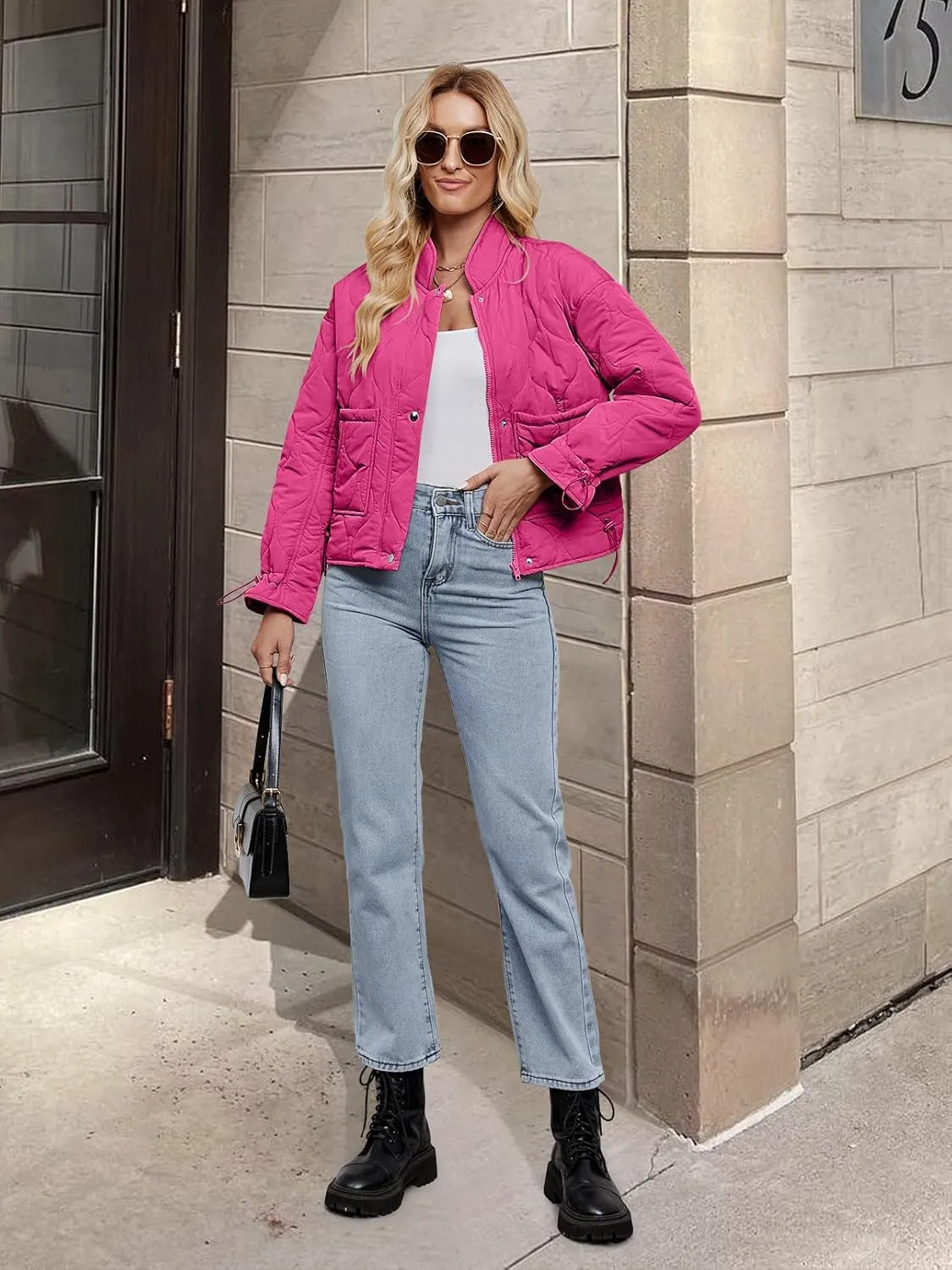 MEROKEETY Women's Cropped Zip-Up Bomber Jackets Warm Quilted Long Sleeve Stand Neck Winter Coats