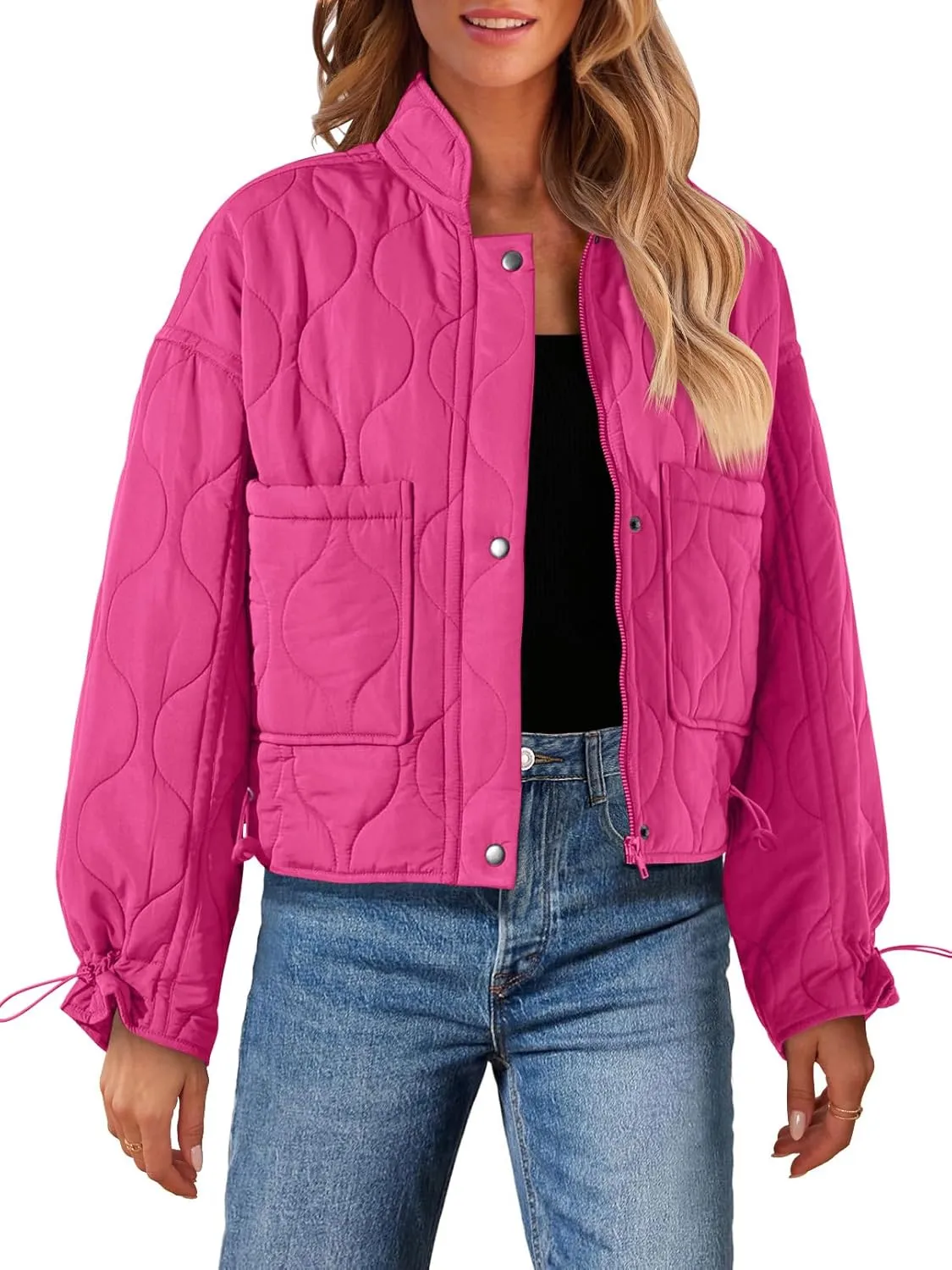 MEROKEETY Women's Cropped Zip-Up Bomber Jackets Warm Quilted Long Sleeve Stand Neck Winter Coats