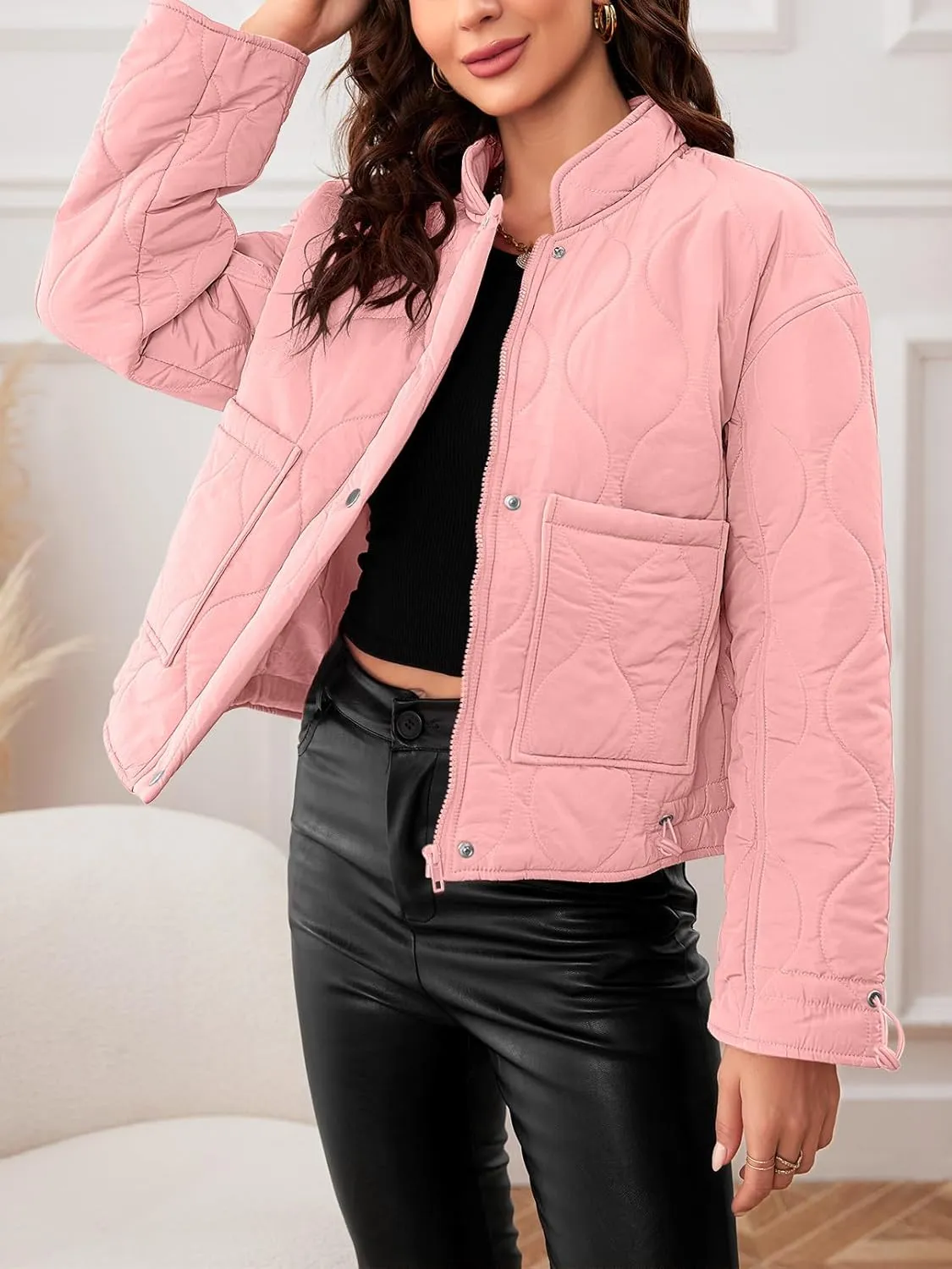 MEROKEETY Women's Cropped Zip-Up Bomber Jackets Warm Quilted Long Sleeve Stand Neck Winter Coats