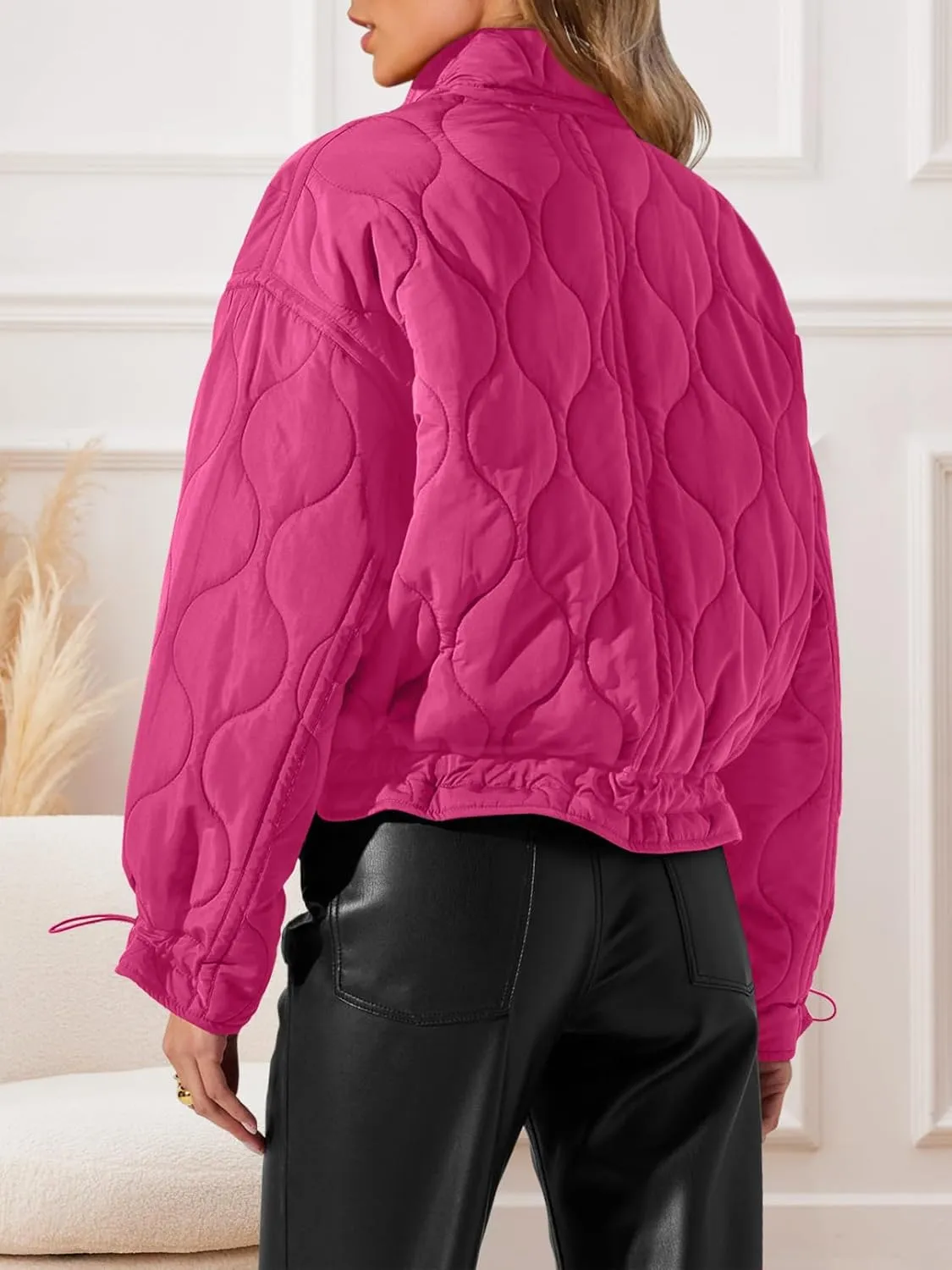 MEROKEETY Women's Cropped Zip-Up Bomber Jackets Warm Quilted Long Sleeve Stand Neck Winter Coats